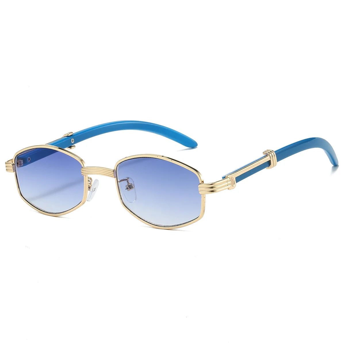 Vintage hexagon sunglasses gold ribbed frames blue sky gradient lenses UV400 unisex streetwear eyewear