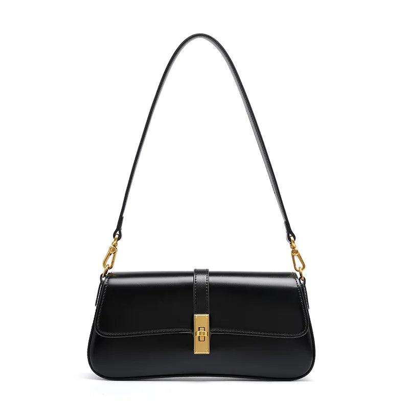 Women's genuine leather shoulder bag with gold hardware, versatile crossbody or shoulder carry style