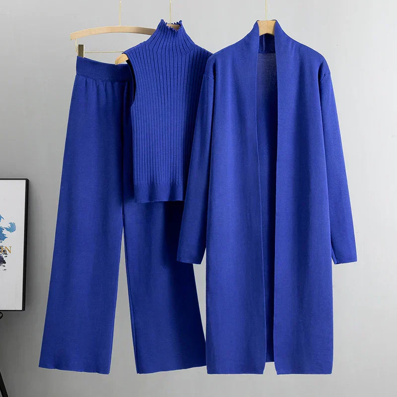 Jessica women's 3-piece cardigan set wide-leg pants ribbed sleeveless top elegant versatile comfort