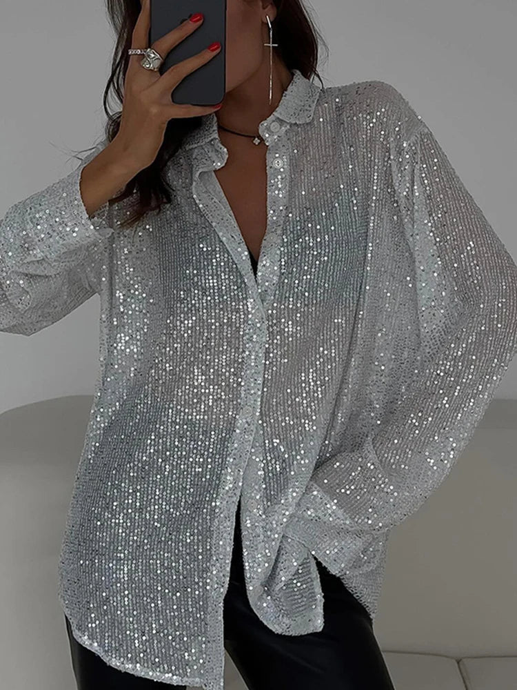 Women's silver sequin loose fit long sleeve button-front party shirt with shimmering silk finish