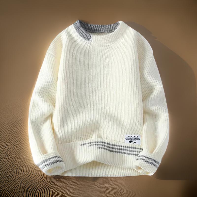 Men's ribbed knit pullover sweater with contrast split crewneck collar for structured modern style