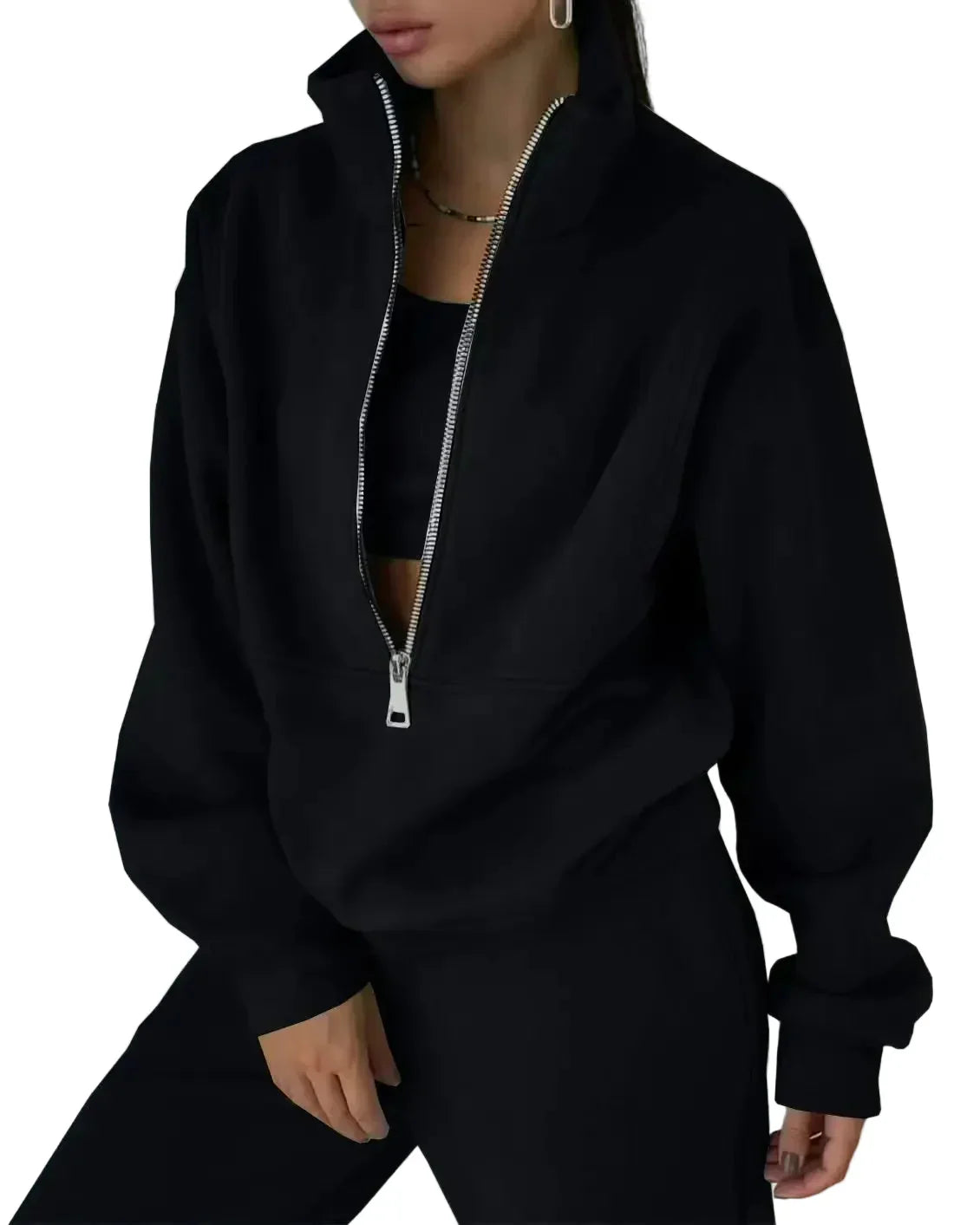 Women's two-piece tracksuit set stand-up collar zip loose casual athleisure sporty silhouette