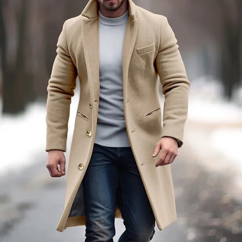 Men's charcoal tailored wool-blend coat full-length regular fit with structured silhouette