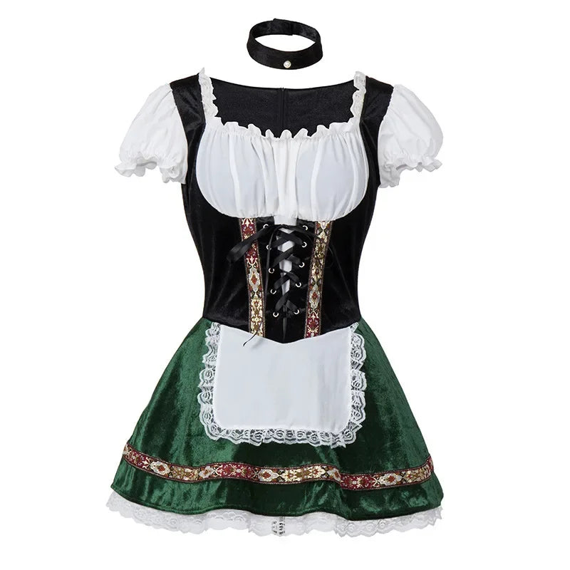 Women's Bavarian dirndl dress with lace-up corset bodice, puffed sleeve blouse, festival-ready ensemble