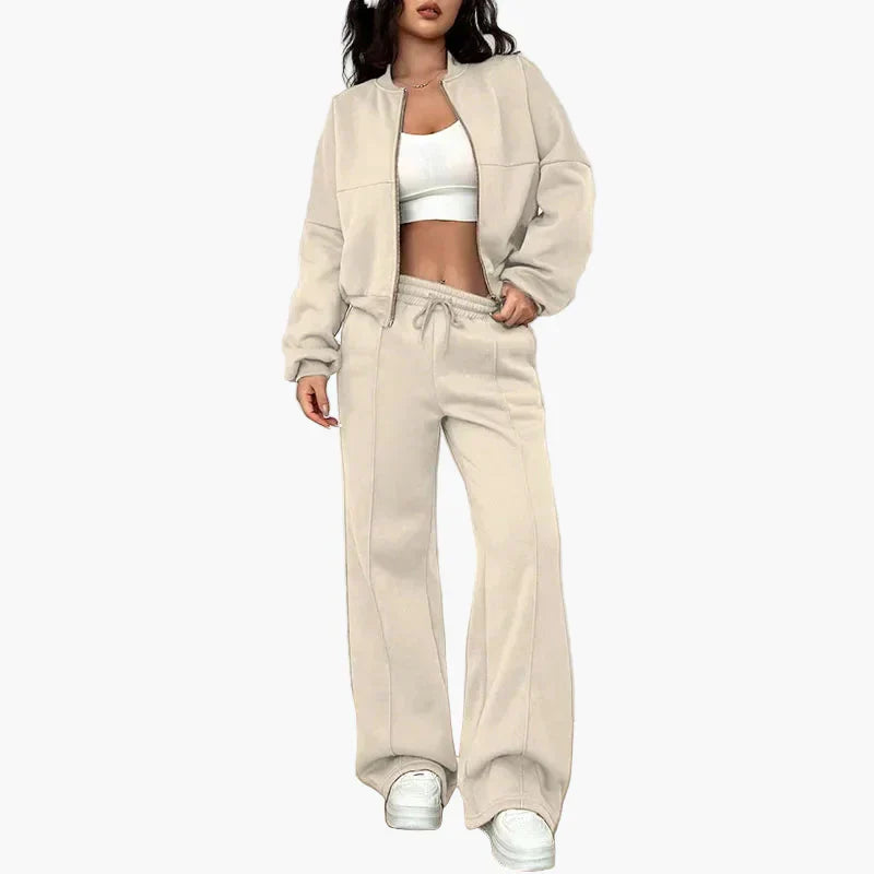 Women's oversized two-piece casual suit wide pants zip-up jacket urban streetwear minimalist style