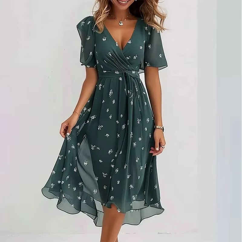 Women's loose fit floral print V-neck dress, breathable short sleeve summer casual style