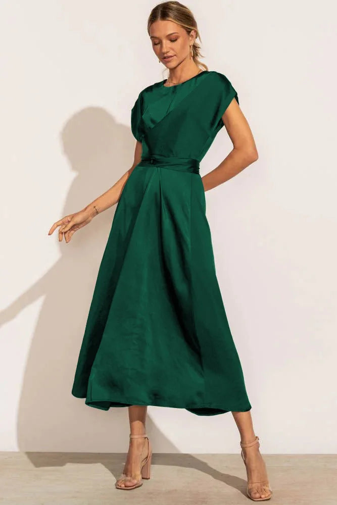 Women's satin-look midi dress with V-neck wrap, A-line silhouette, and luxurious draping finish