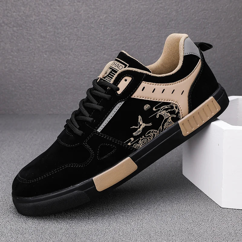 White leather sneakers with tattoo-style street art illustrations, urban streetwear design with reinforced outsole