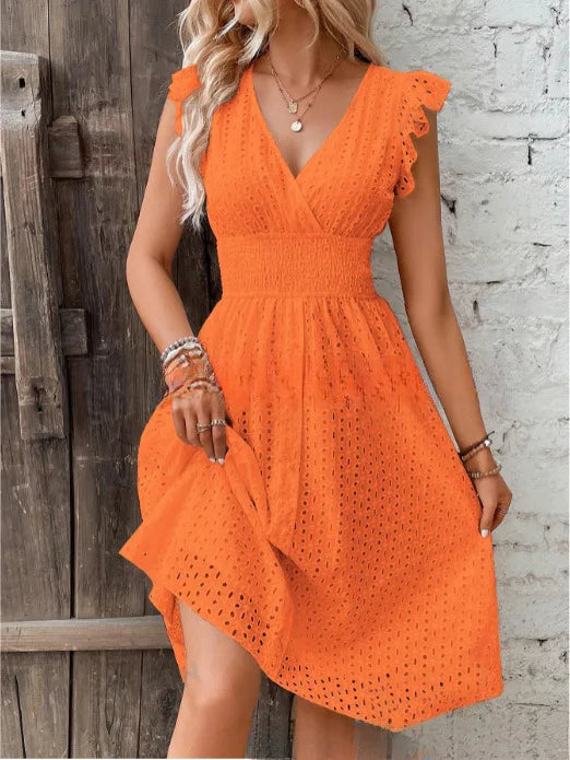 White eyelet v-neck summer dress smocked waist A-line silhouette lightweight vacation beach style women