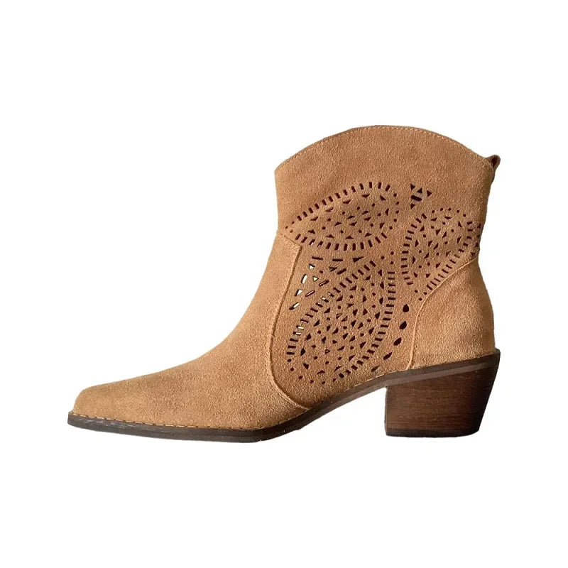 Women's tan faux suede ankle western boots with pull-on tabs and classic cowboy toe