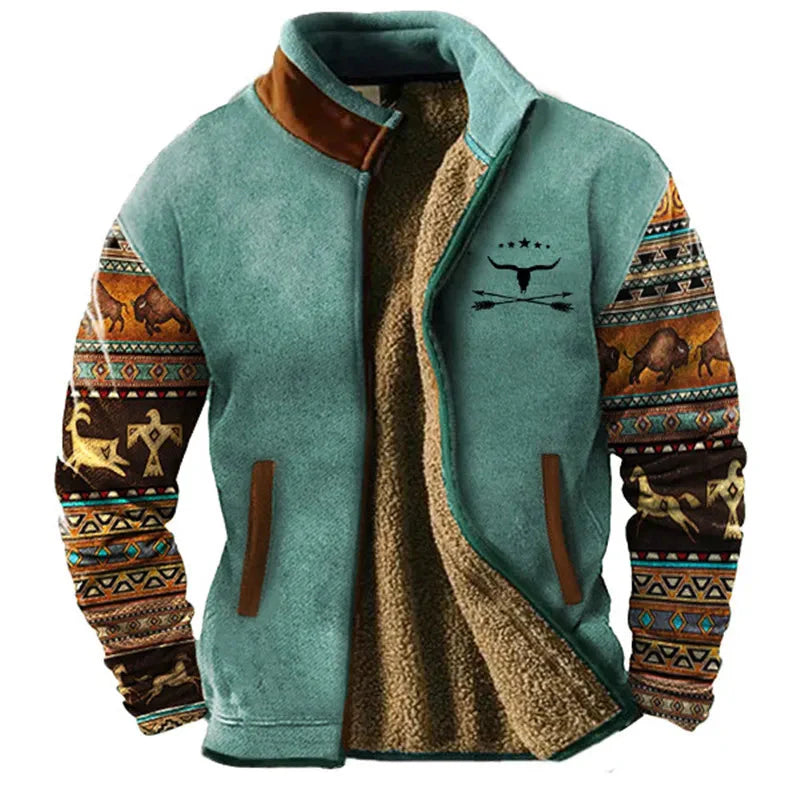 Men's relaxed fit color block fleece jacket with cozy warmth and bold contemporary paneling