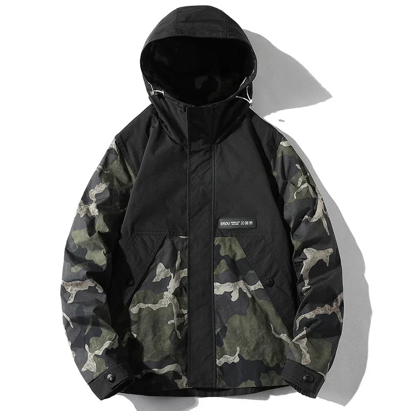 Split camo color-block high-neck full-zip techwear jacket with adjustable hood and cuffs