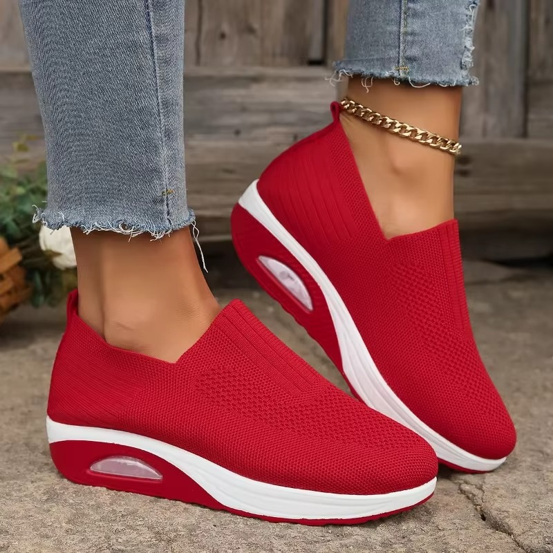 Women's orthopedic slip-on walking shoes in neutral tones with air cushion midsole and non-slip wedge outsole