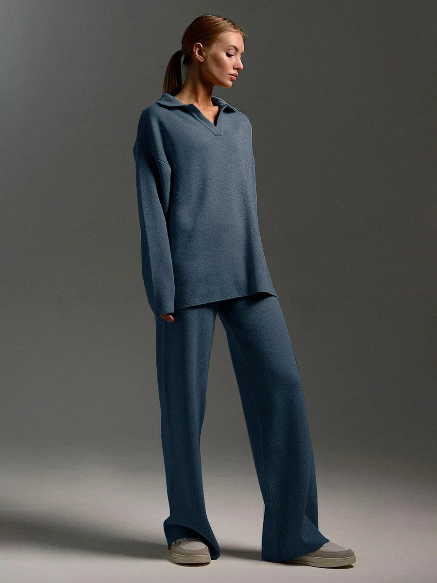 Cozy knitted two-piece lounge set with wide-leg pants and long-sleeve polo top in neutral tones