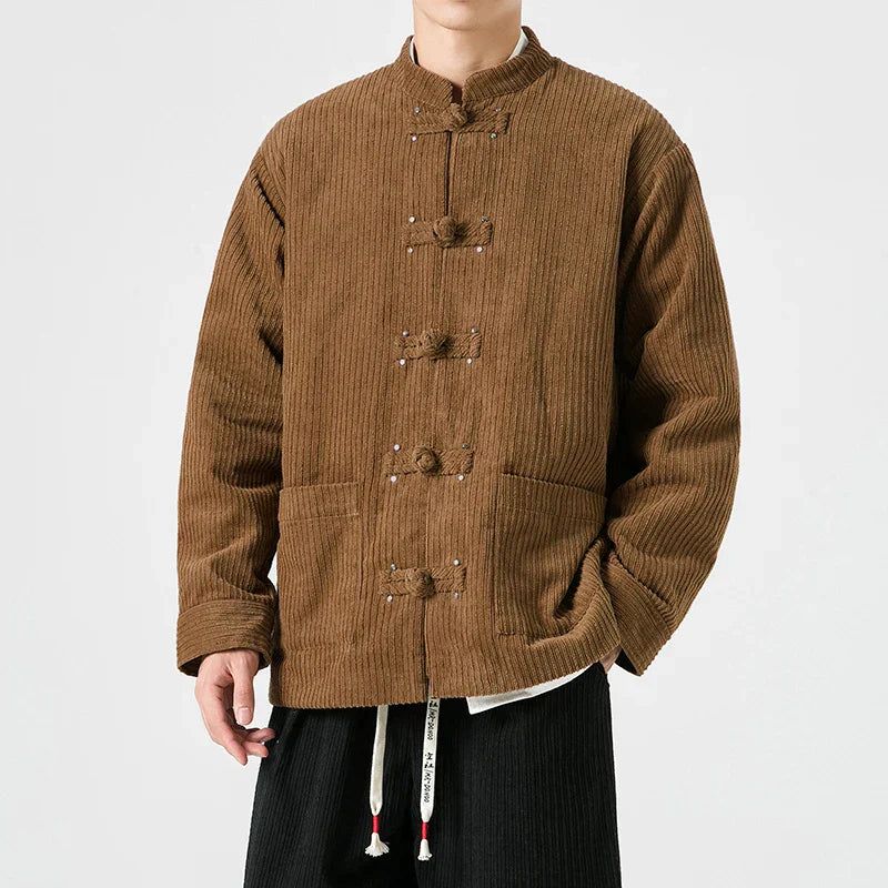 Oversized corduroy jacket with embroidered frog closure in solid color, Eastern-inspired silhouette