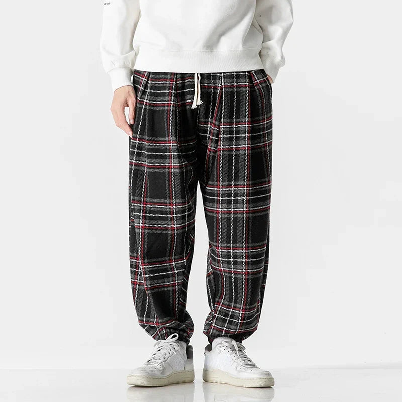 Men's plaid drawstring sweatpants dark checkered pattern soft breathable fabric adjustable waist
