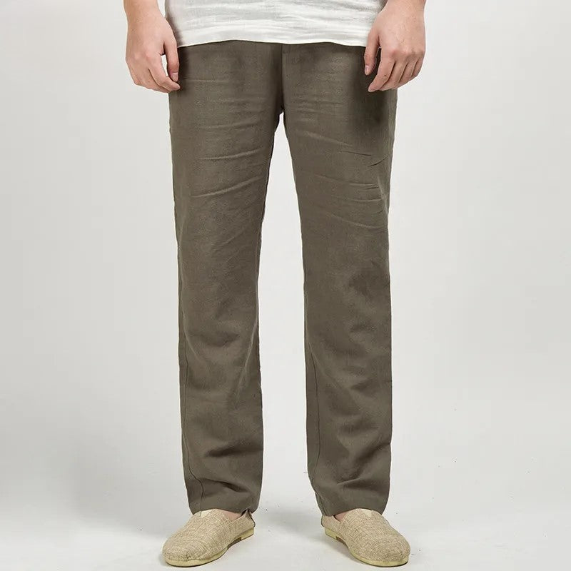 Men's linen trousers relaxed straight-leg fit full-length breathable fabric casual smart style