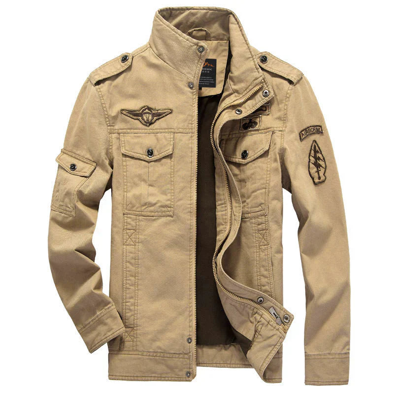 Men's structured cotton cargo jacket field coat with multiple utility pockets, urban outdoor style