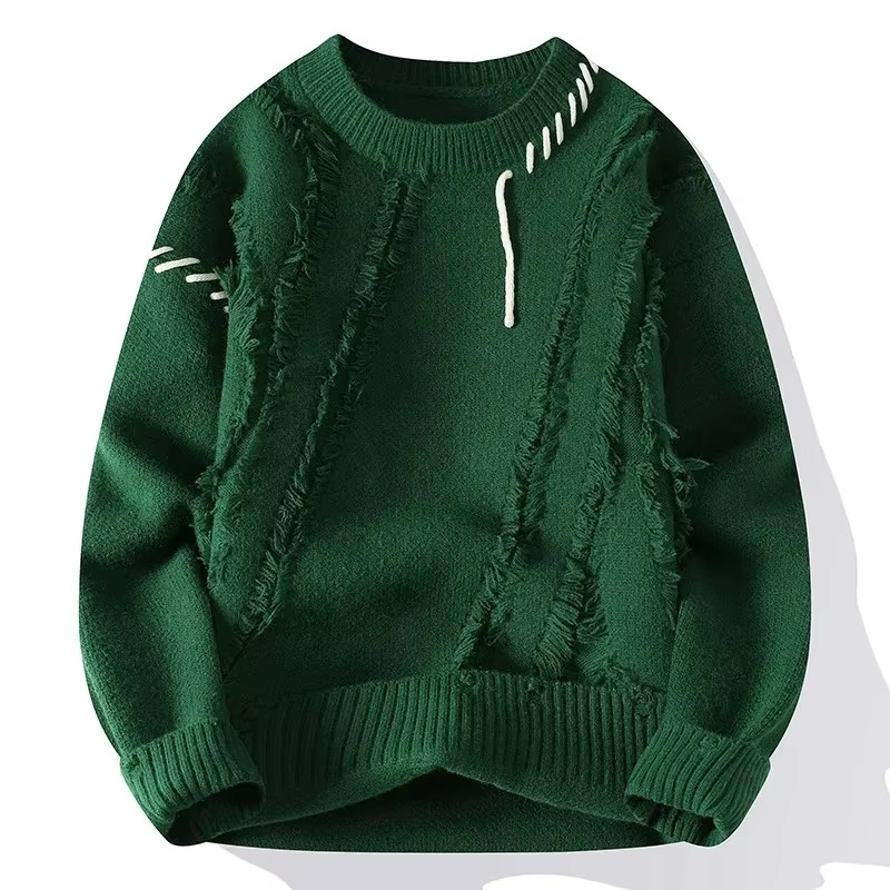 Men's ripped knit sweater pullover streetwear distressed acrylic blend warm fall winter pullover