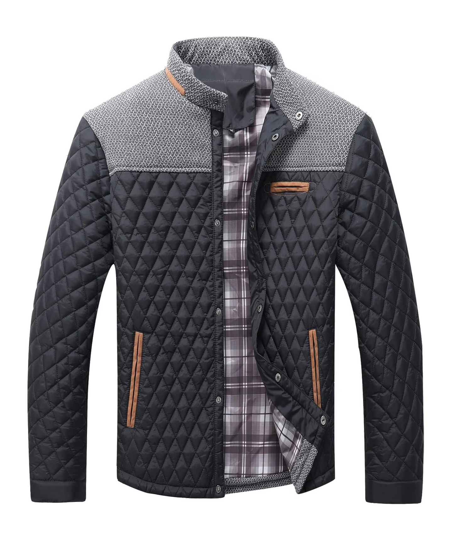 Men's lightweight bomber jacket navy diamond quilted with contrast grey yoke and front pockets