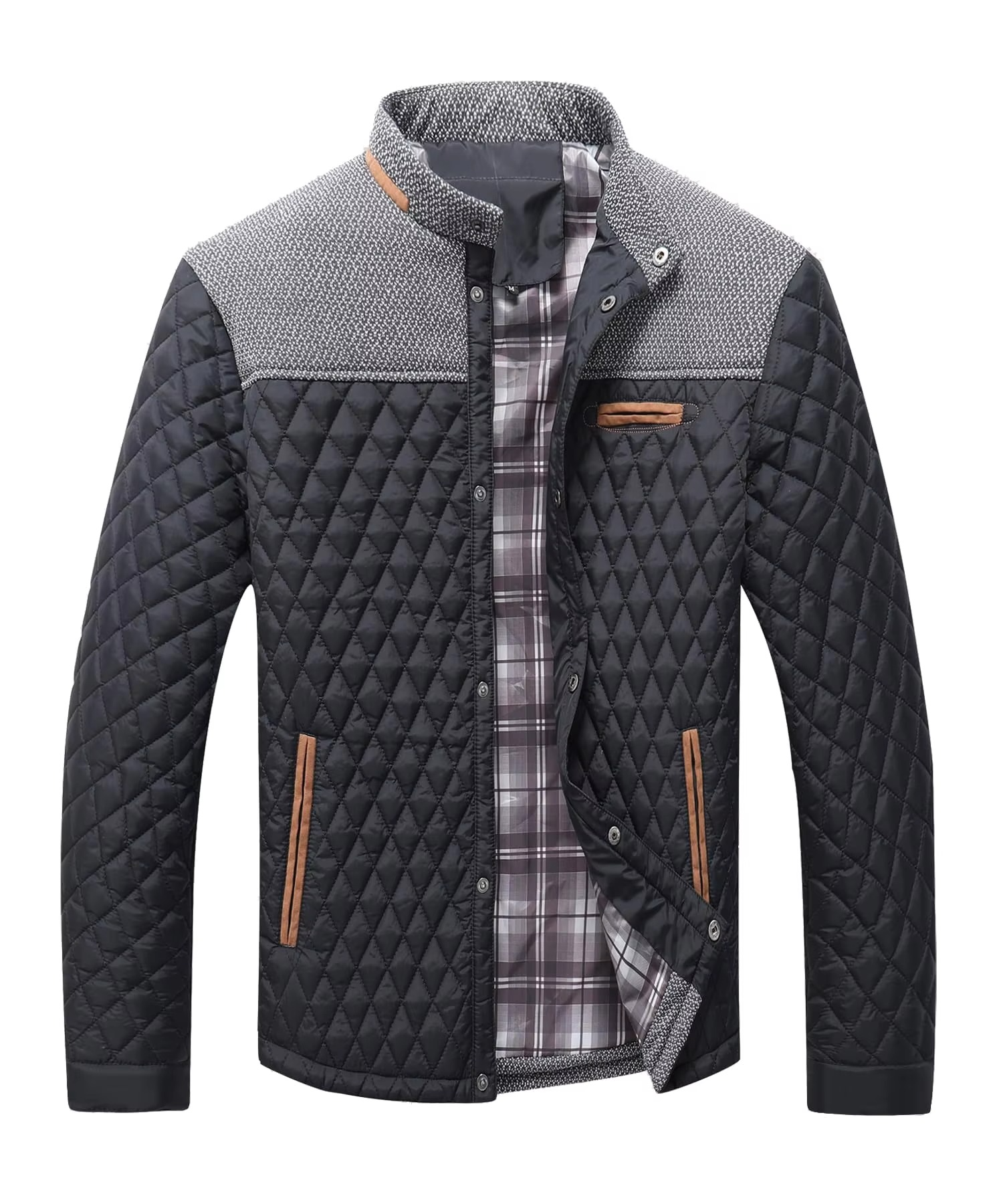 Men's lightweight bomber jacket navy diamond quilted with contrast grey yoke and front pockets
