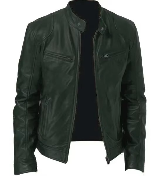 Men's black slim fit PU leather motorcycle jacket with wind-resistant stand collar