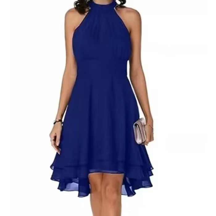Women's sleeveless halter neck dress with ruffle hem, elegant chic style for day to night wear
