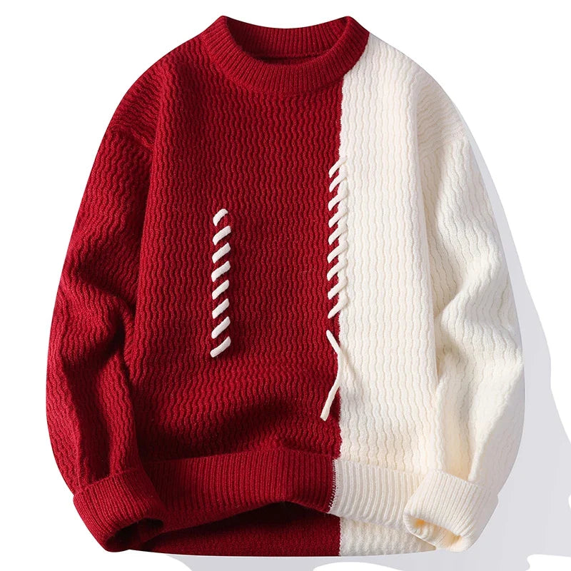 Cream and brown two-tone textured knit sweater with stitched smiley motif, relaxed casual fit