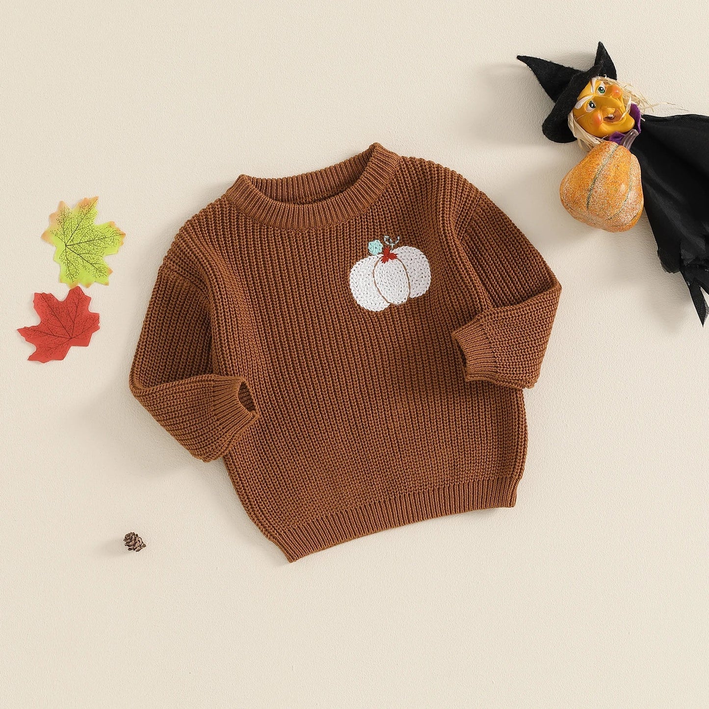 Kids Halloween knit sweater with pumpkin ghost embroidery long sleeves cozy breathable fall knitwear