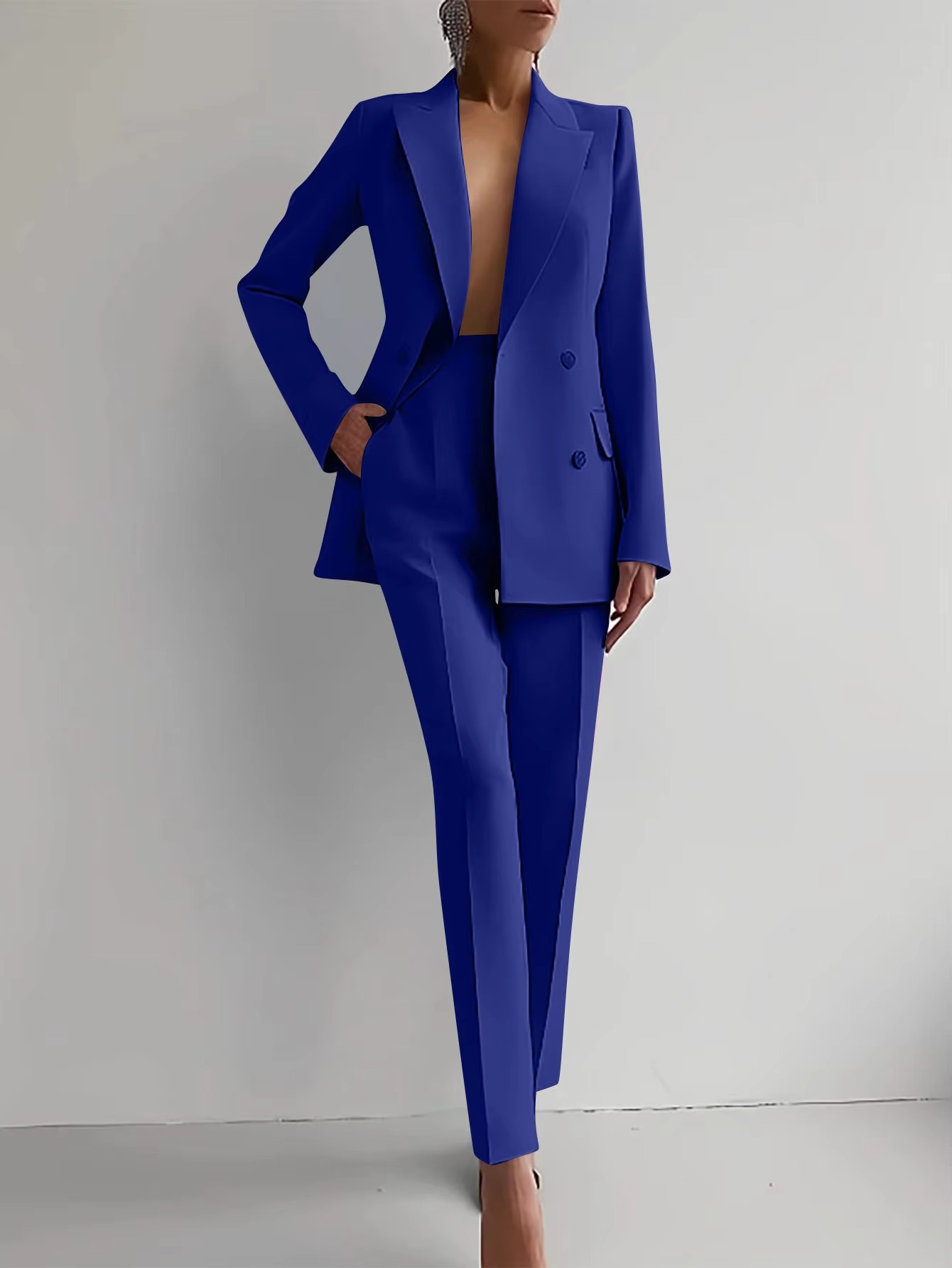 Women's solid color blazer and high-waist pants 2-piece set, tailored professional coordinated suit