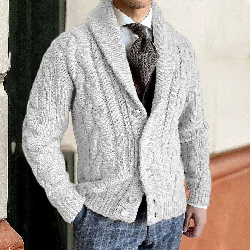 Men's dark wool cardigan tailored fit full-button closure rich soft knit polished layering