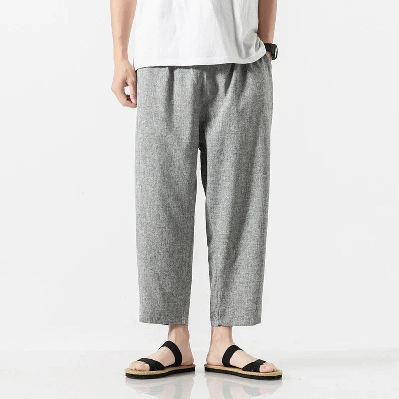 Halcy beige linen blend loose fit pants with elastic waist for breathable everyday comfort