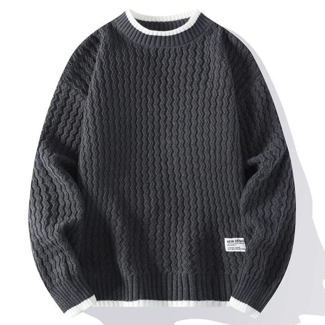 Men's black textured knit sweater with white contrast trim on collar, cuffs, and hem