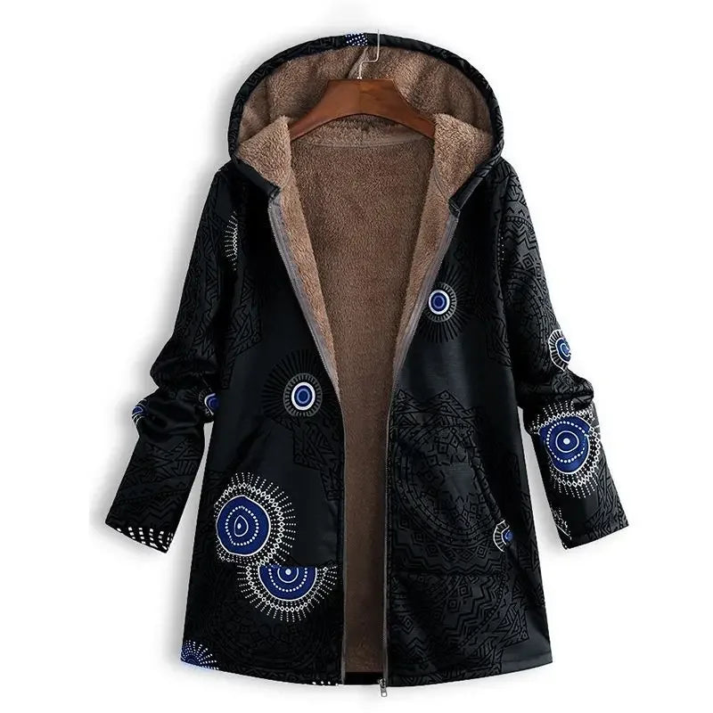 Women's Sanja parka with bold patterned design, warm cozy fit for cold weather everyday elegance