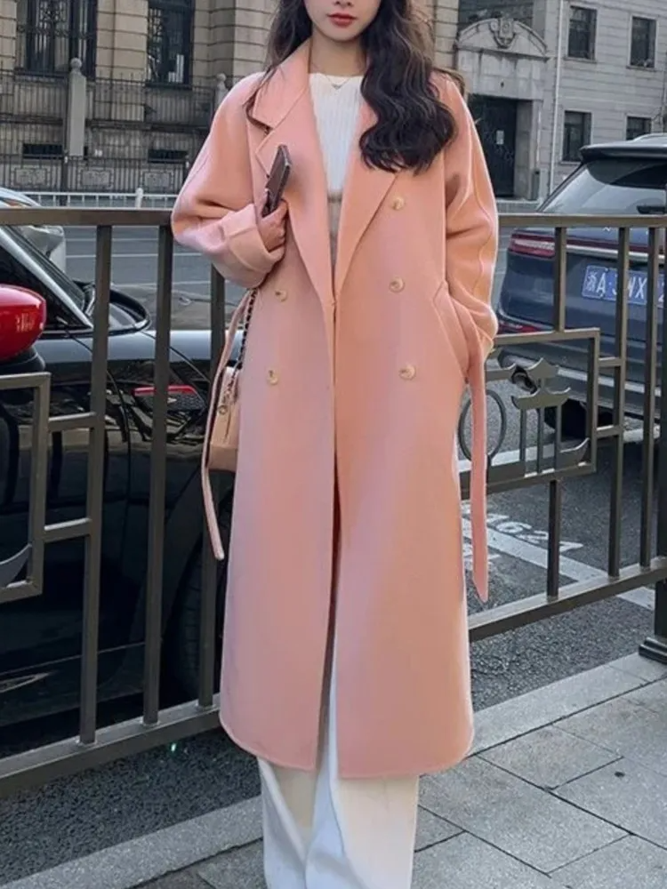 Women's oversized double-breasted belted wool-look long coat in timeless longline silhouette