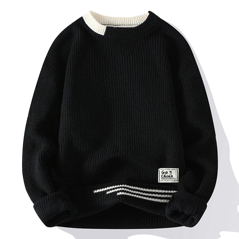 Men's color block crewneck knitted sweater smart casual stretch fit with contrasting panels