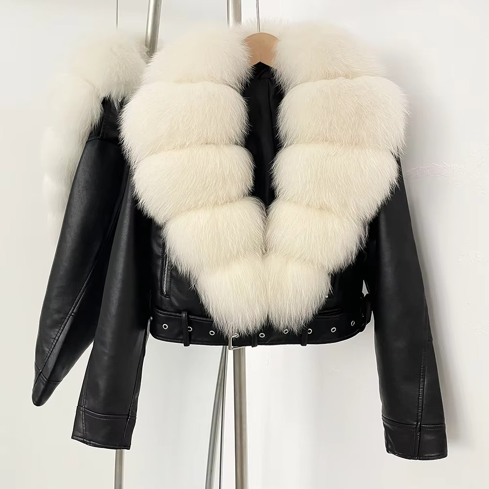 Women's black faux leather coat with faux fur collar, lightweight chic winter style
