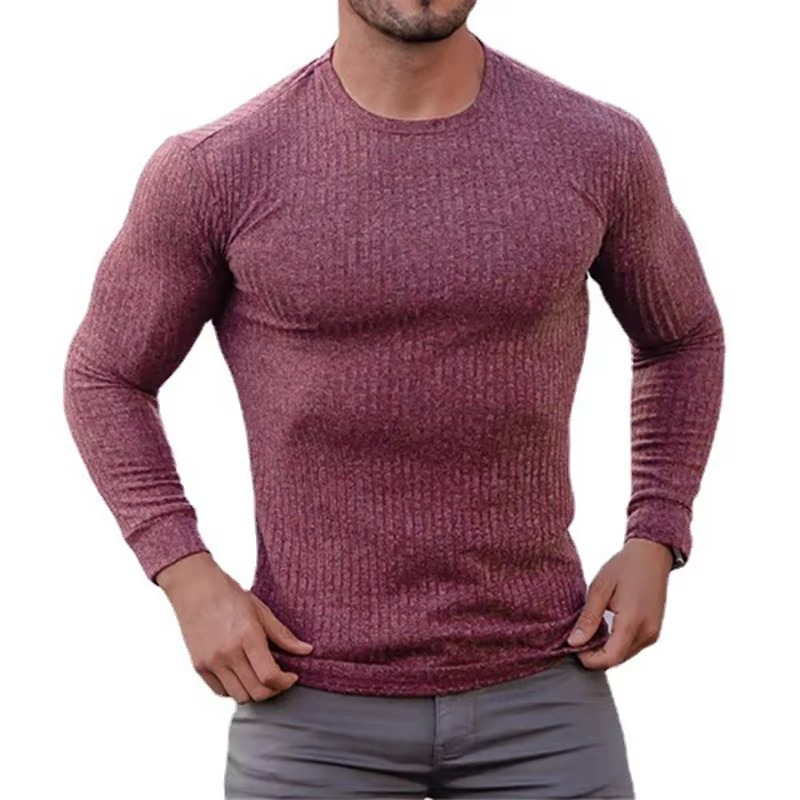Men's slim-fit long sleeve knit fitness shirt in neutral tone with moisture-wicking quick-dry fabric
