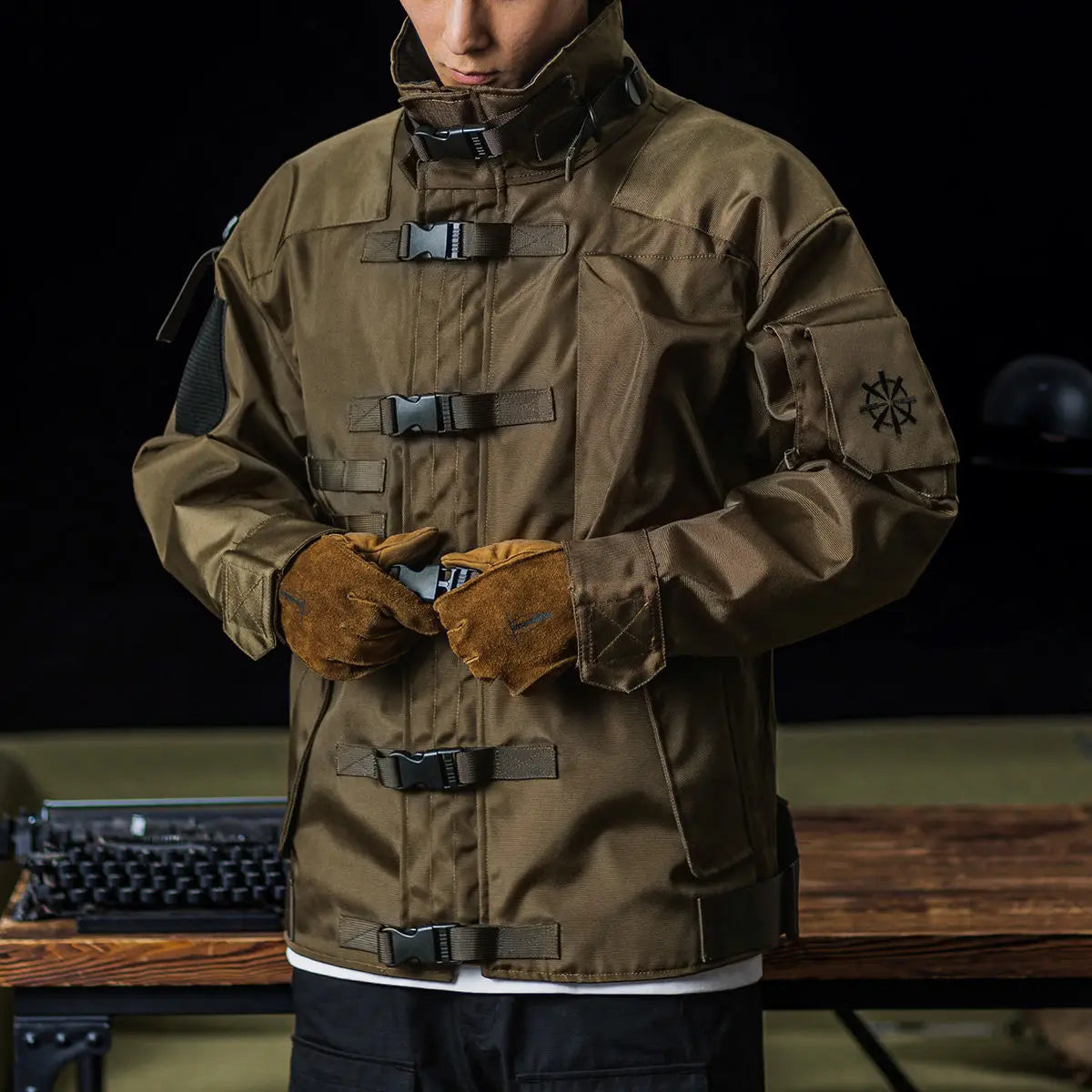 Men's olive green tactical military jacket waterproof ripstop shell with multiple utility pockets