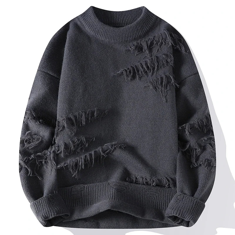 Unisex distressed knit crewneck sweater with frayed accents, soft ribbed texture, modern rugged casual style