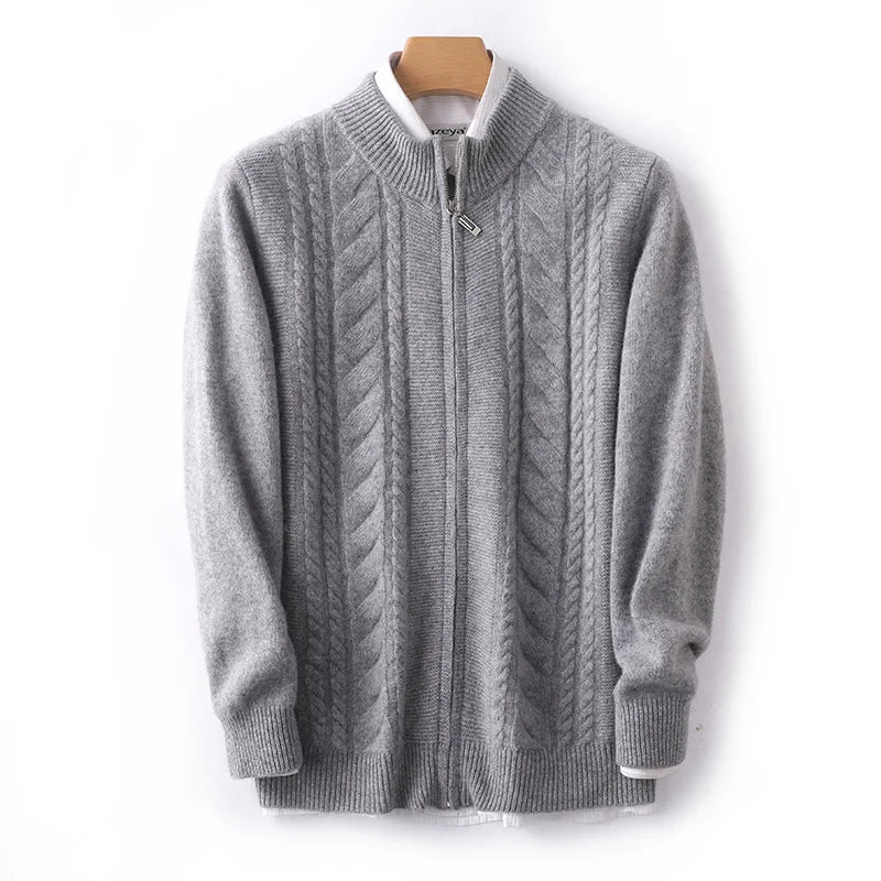 Unisex mock neck zip cashmere wool knit sweater, cozy cold weather layer with polished silhouette