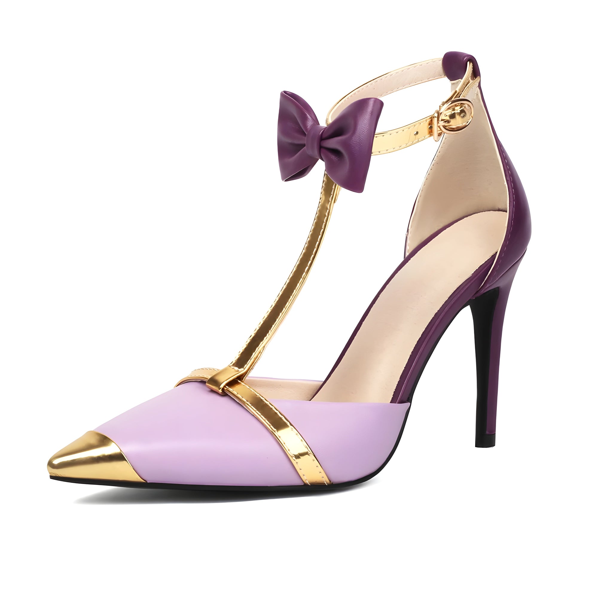 Gisele vegan leather pointed toe stilettos with bow ankle strap and gold accents for partywear