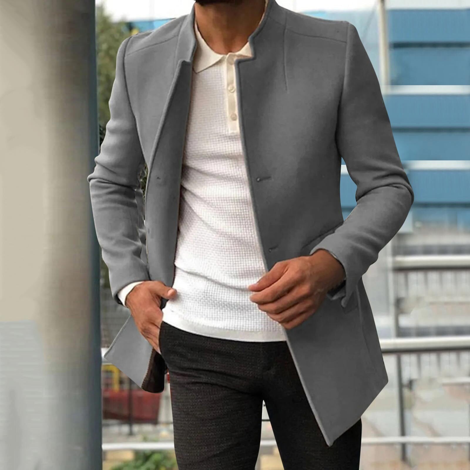 Men's slim fit long structured open front coat in neutral tones, smart casual everyday jacket