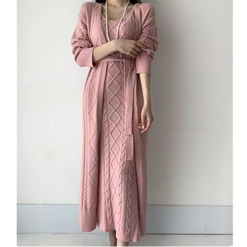 Women's cable knit maxi dress set with cardigan, sleeveless slim silhouette, long sleeve layered casual style
