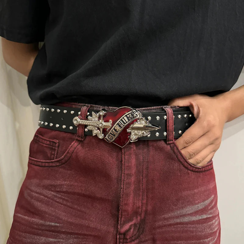 Unisex denim belt with bold metal studs, adjustable 28-36 inches, edgy street style buckle closure