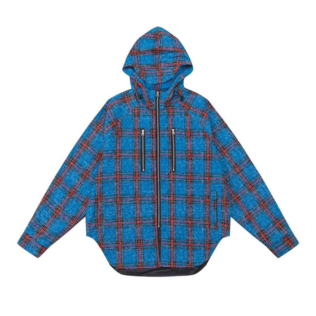 Lightweight hooded checkered overshirt in retro plaid with patchwork detailing, full-zip urban streetwear