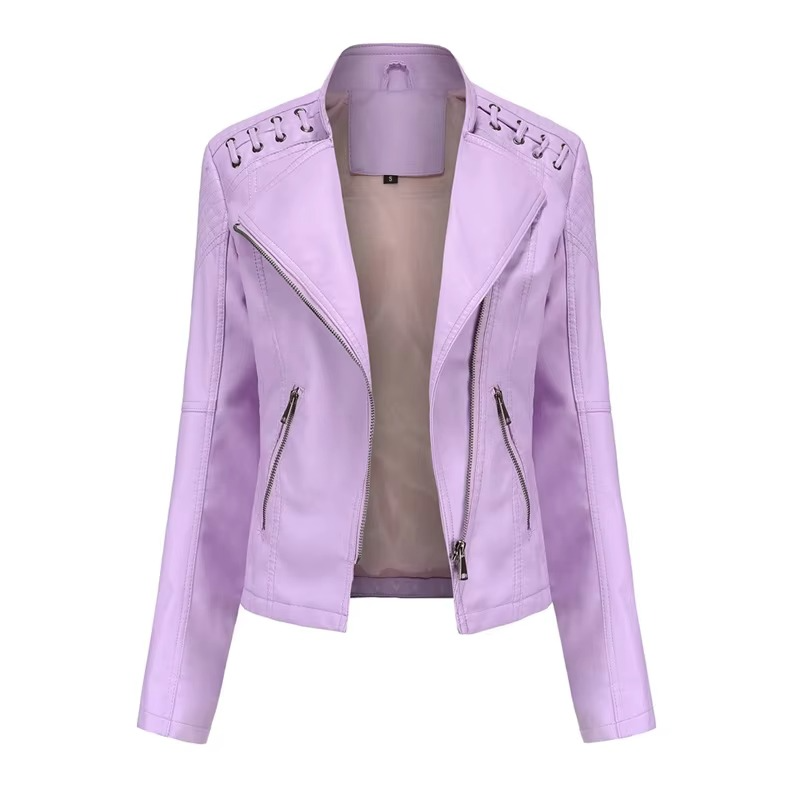 Women's black PU leather motorcycle jacket slim fit short cut with bold front zipper closure
