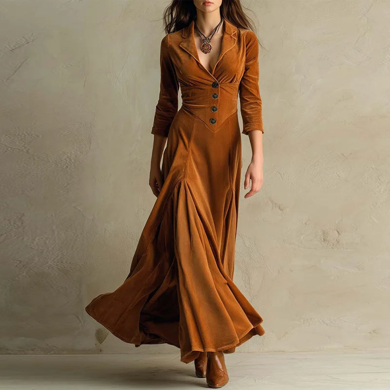 Ivory long sleeve maxi dress with button-front structured bodice and flowing skirt, elegant women's style