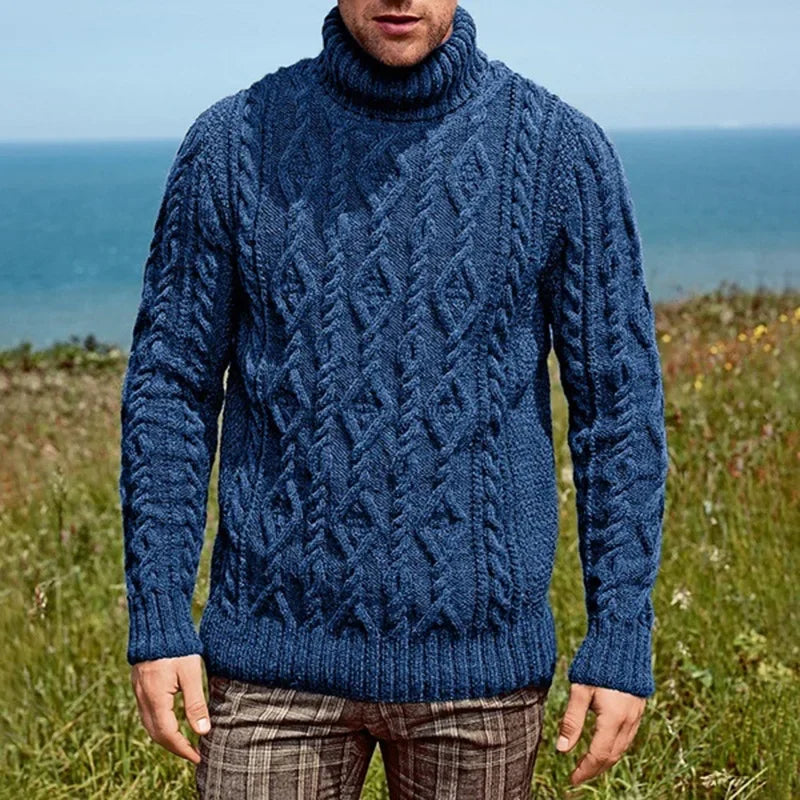 Men's ivory cable knit turtleneck sweater with diamond pattern and folded high neck