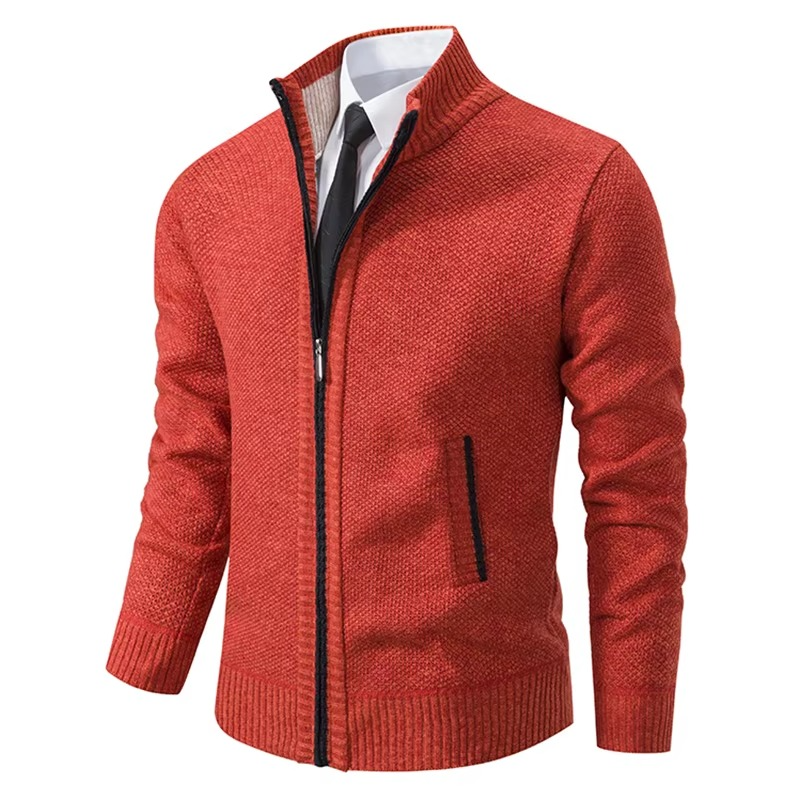 Men's fleece lined stand collar zip cardigan, warm cozy winter jacket for versatile fall layering